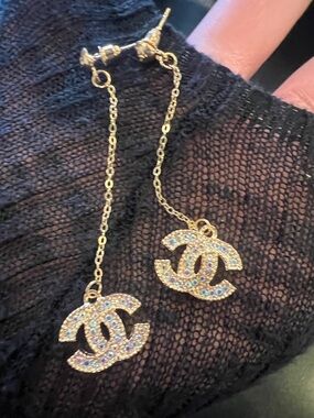 CHANEL Gold-Tone CC Drop Earrings with Iridescent Crystal Accents